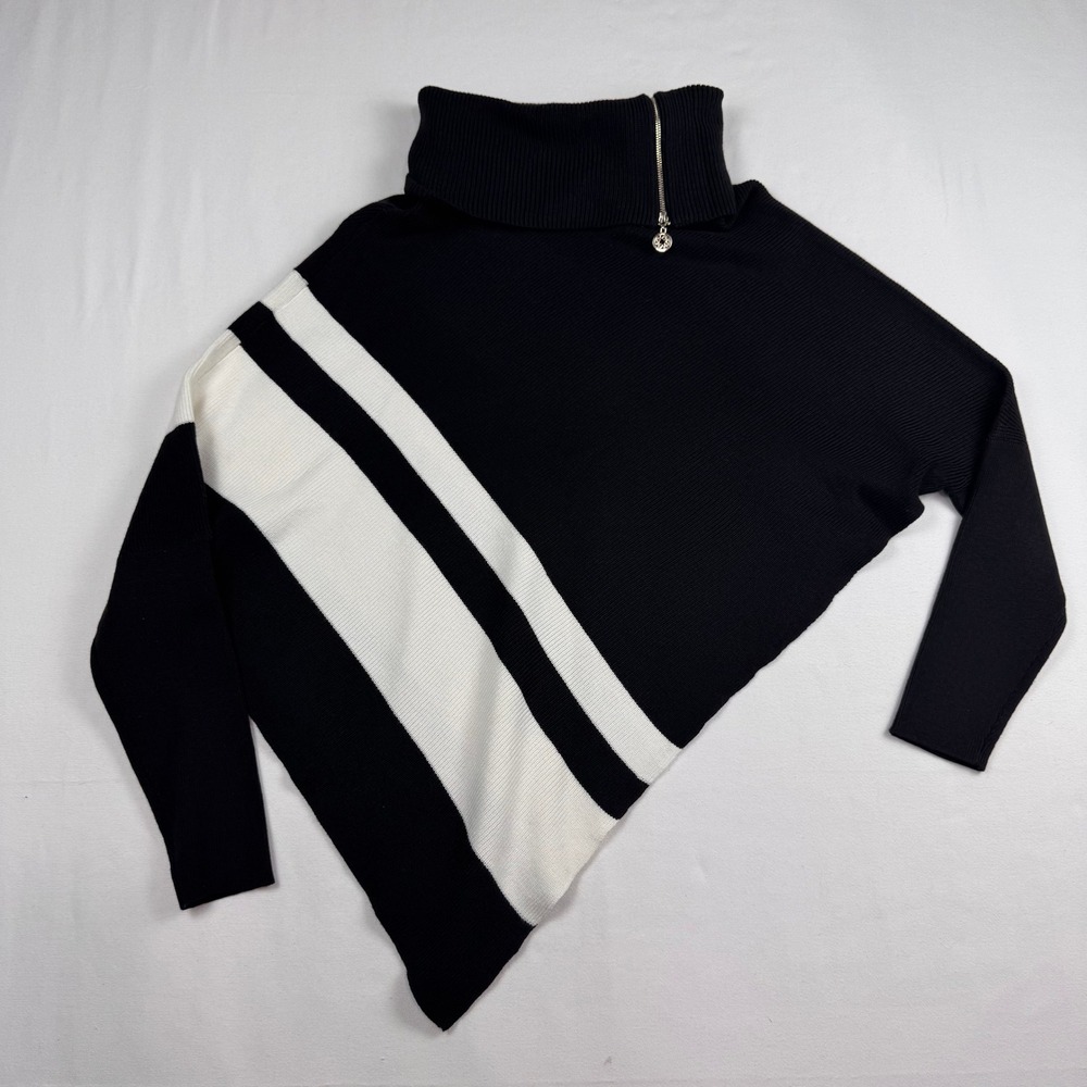 White House Black Market Poncho Women M/L Black Zip Neck Stripe Sweater - Picture 3 of 9